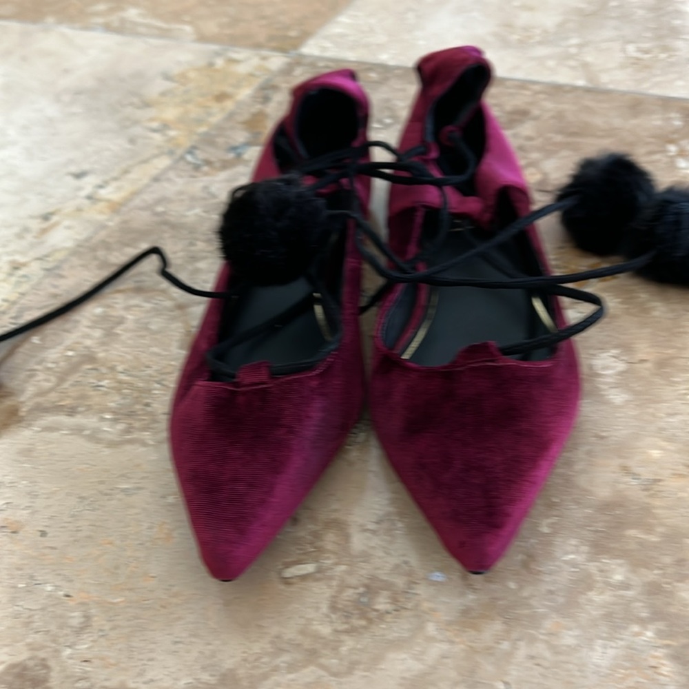Topshop Ghilli Purple Velour Velvet Pointed Ballet Flats with Poms Ties - Picture 4 of 6